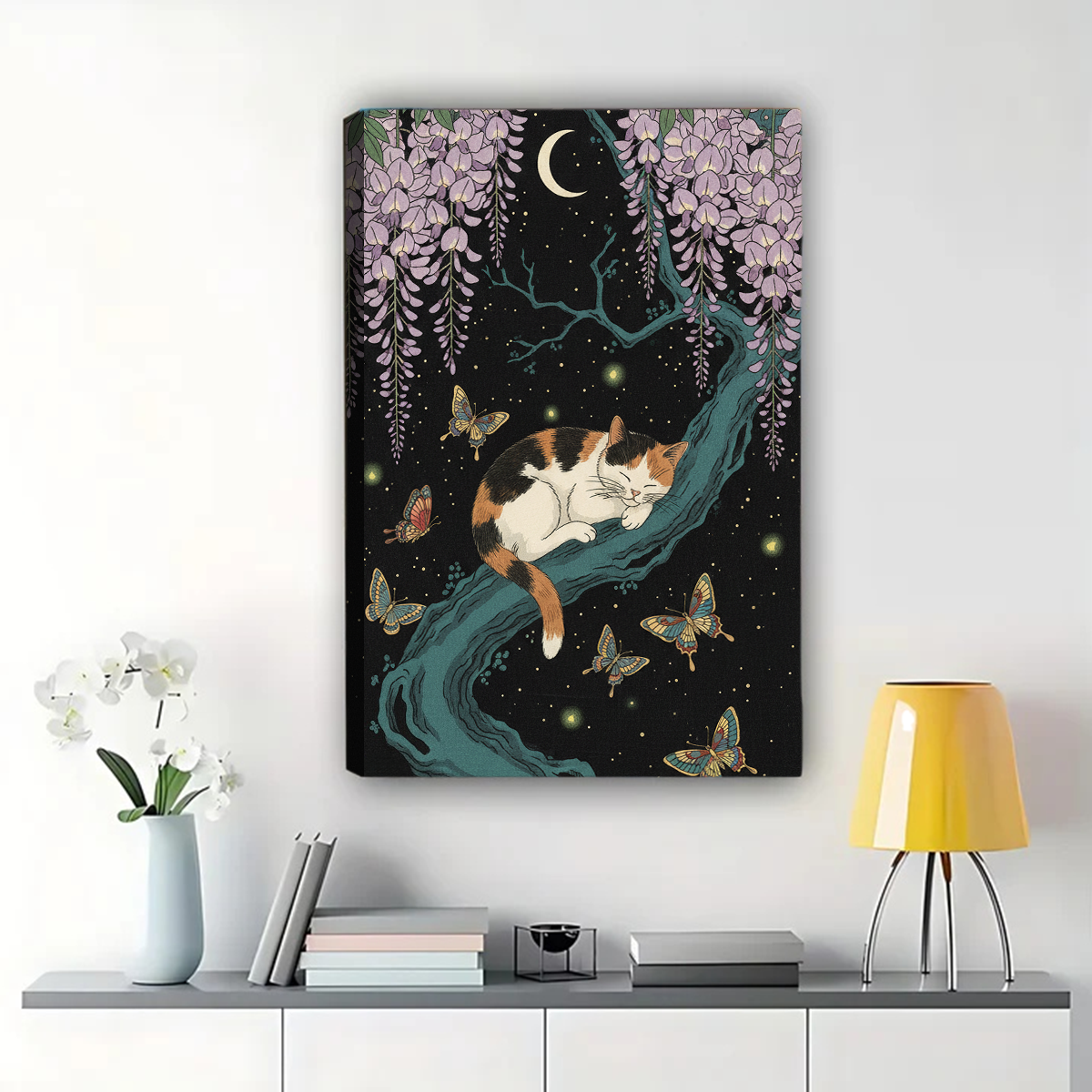 Cat Sleeping on Tree Branch Framed Wall Art - Moonlight Wisteria Print