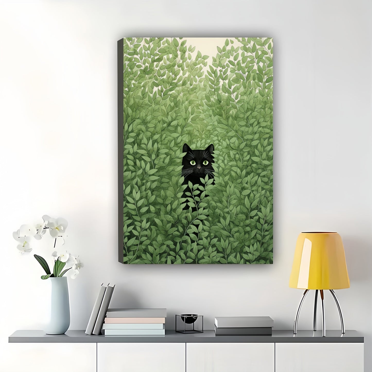 Black Cat Peeking Through Green Foliage – Minimalist Nature Wall Art on Natural Wood Canvas