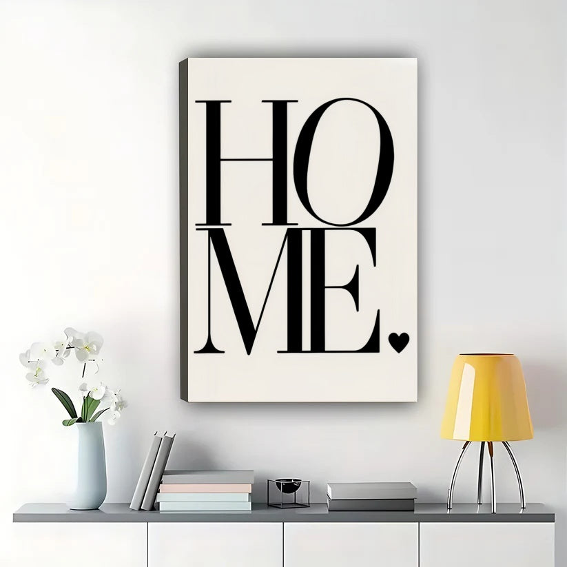HOME Bold Typography – Modern Minimalist Heart Wall Art on Natural Wood Canvas
