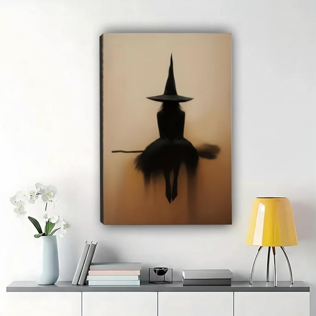 Witch Silhouette on Broomstick Wall Art – Moody Halloween Canvas Print on Natural Wood Frame