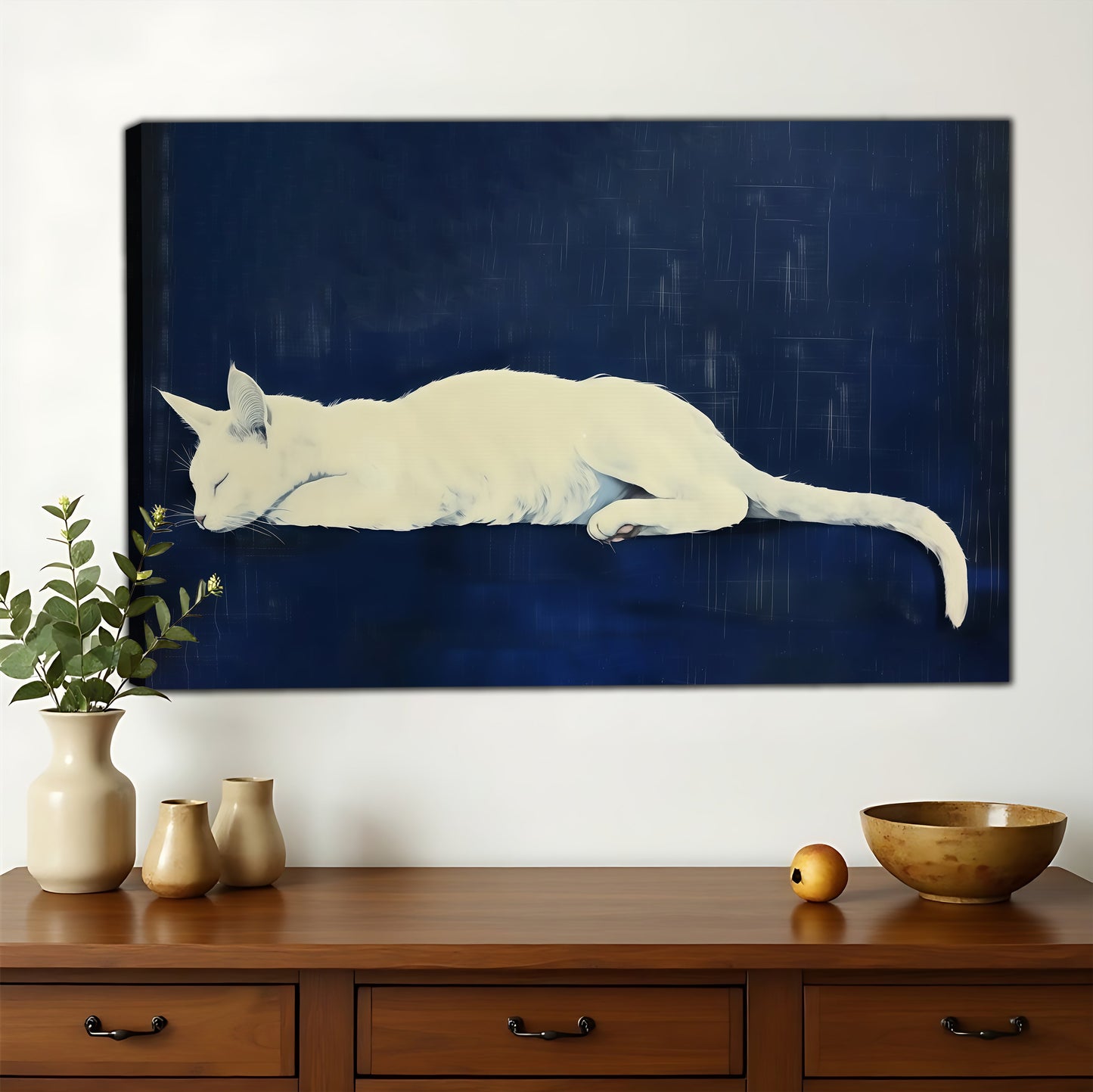 The White Cat On Navy Background – Calm Minimalist Wall Art on Natural Wood Canvas