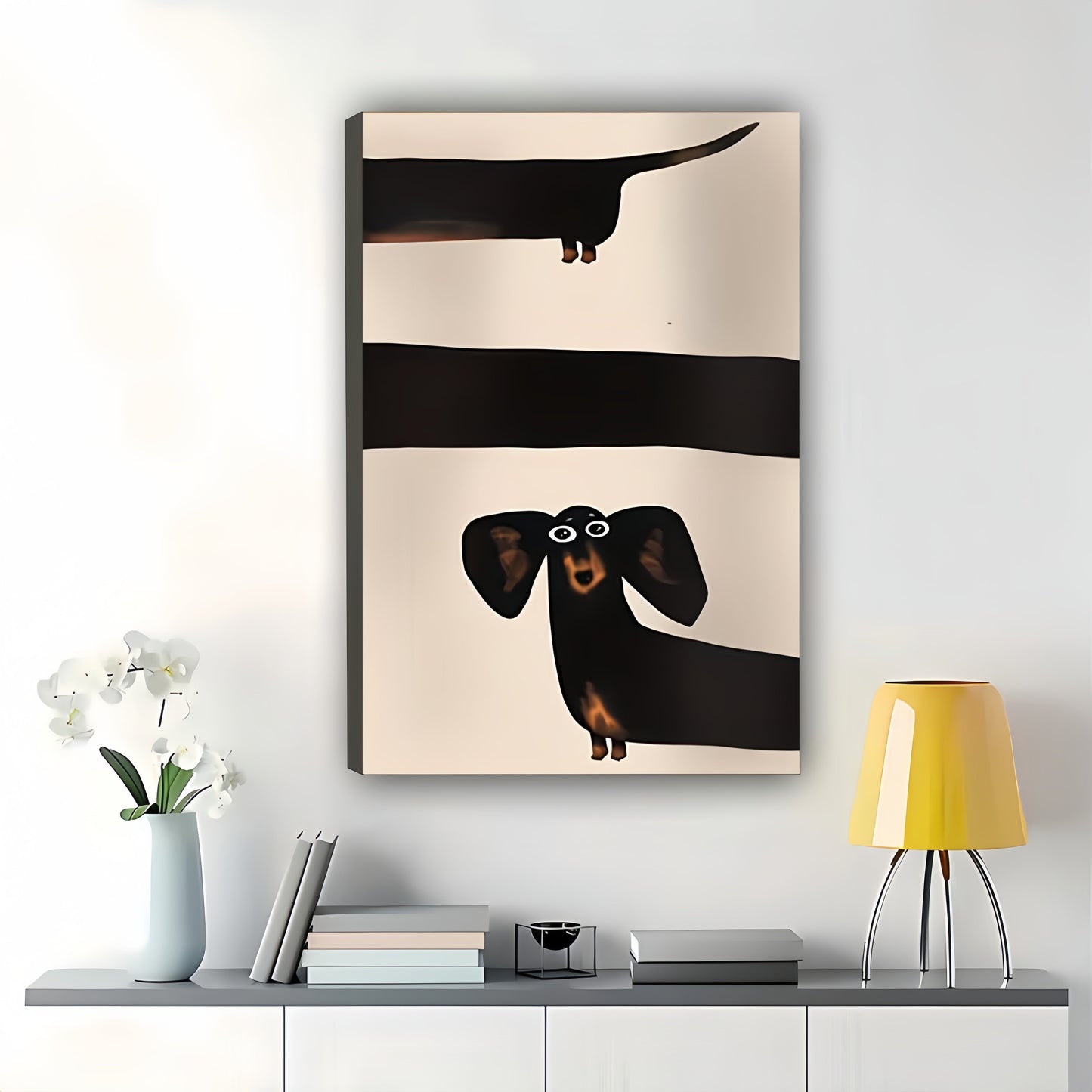 Minimalist Dachshund Striped Illustration – Sleek Pet Wall Art on Natural Wood Canvas