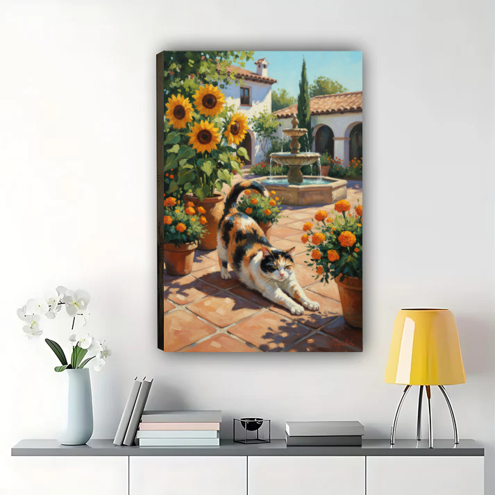 Cat in Mediterranean Courtyard Wall Art - Tuscan Garden Print