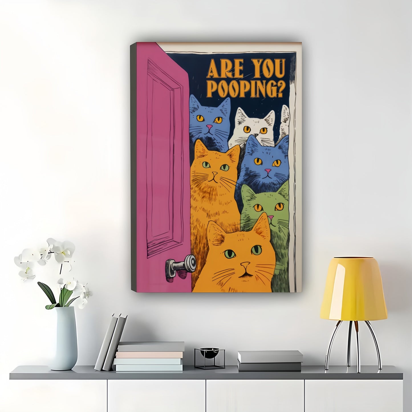 Are You Pooping? Colorful Cat Group – Humorous Bathroom Wall Art on Natural Wood Canvas