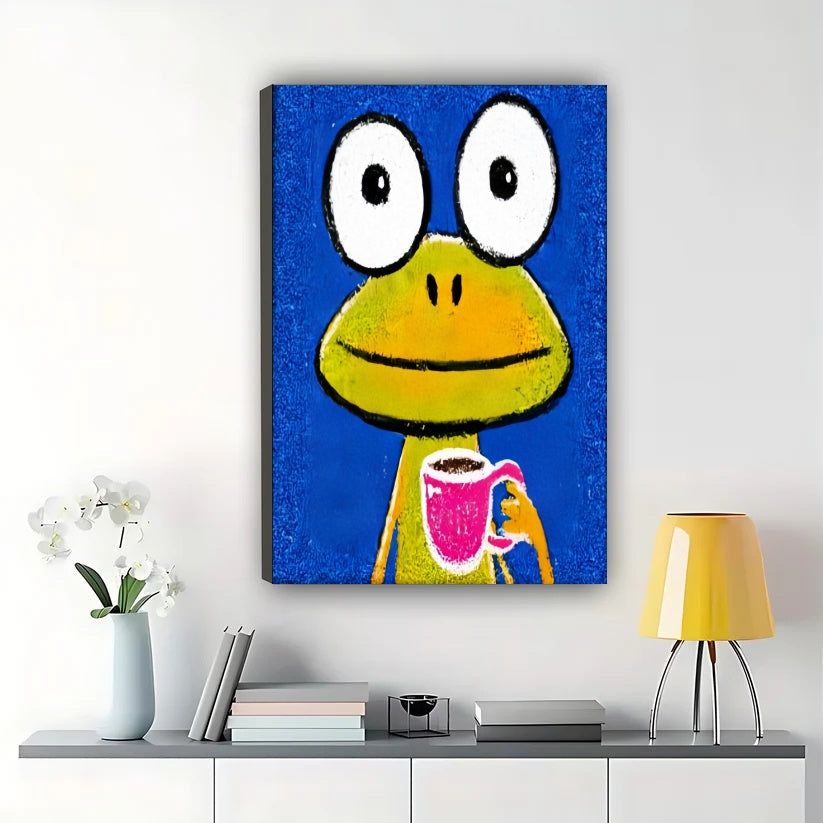 Playful Cartoon Mini Illustration – Cheerful Tiny Wall Art on Natural Wood Canvas