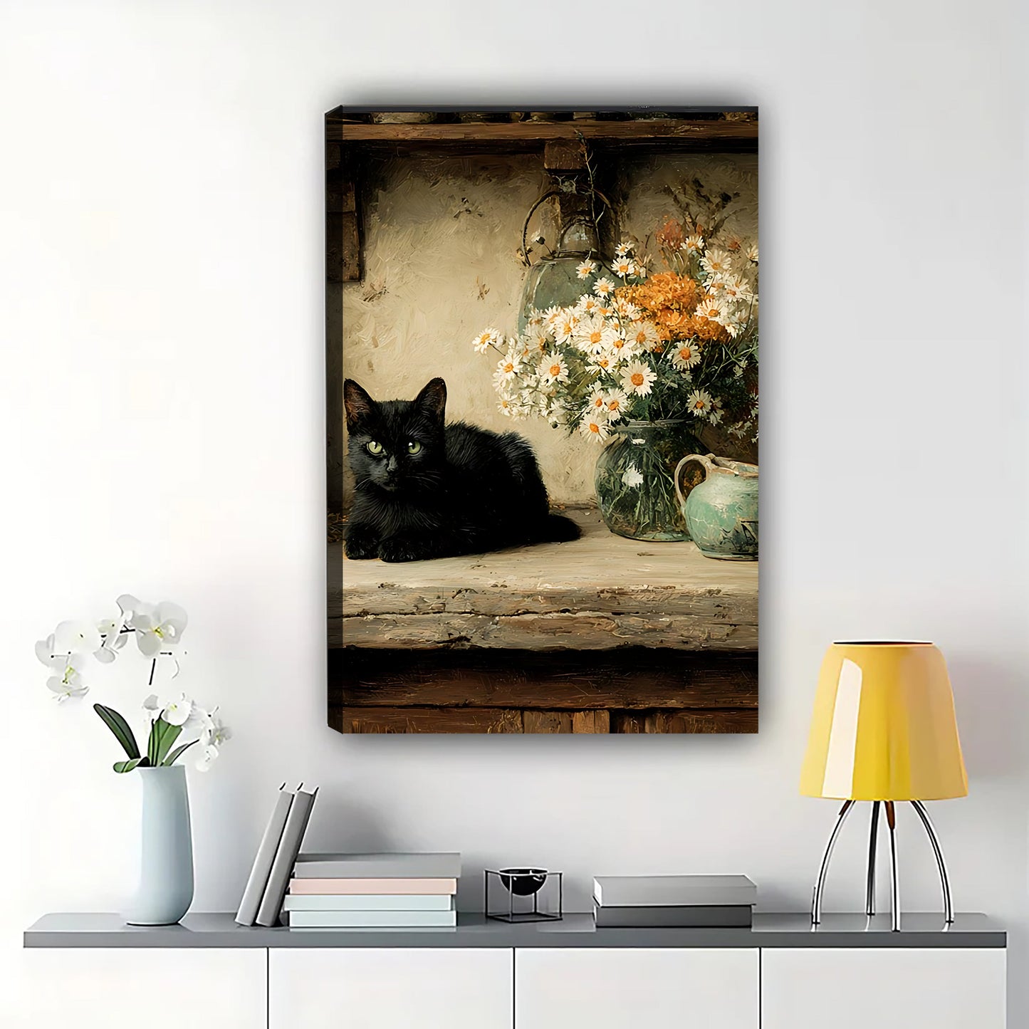 Vintage Black Cat on Wooden Table – Timeless Still Life Wall Art on Natural Wood Canvas