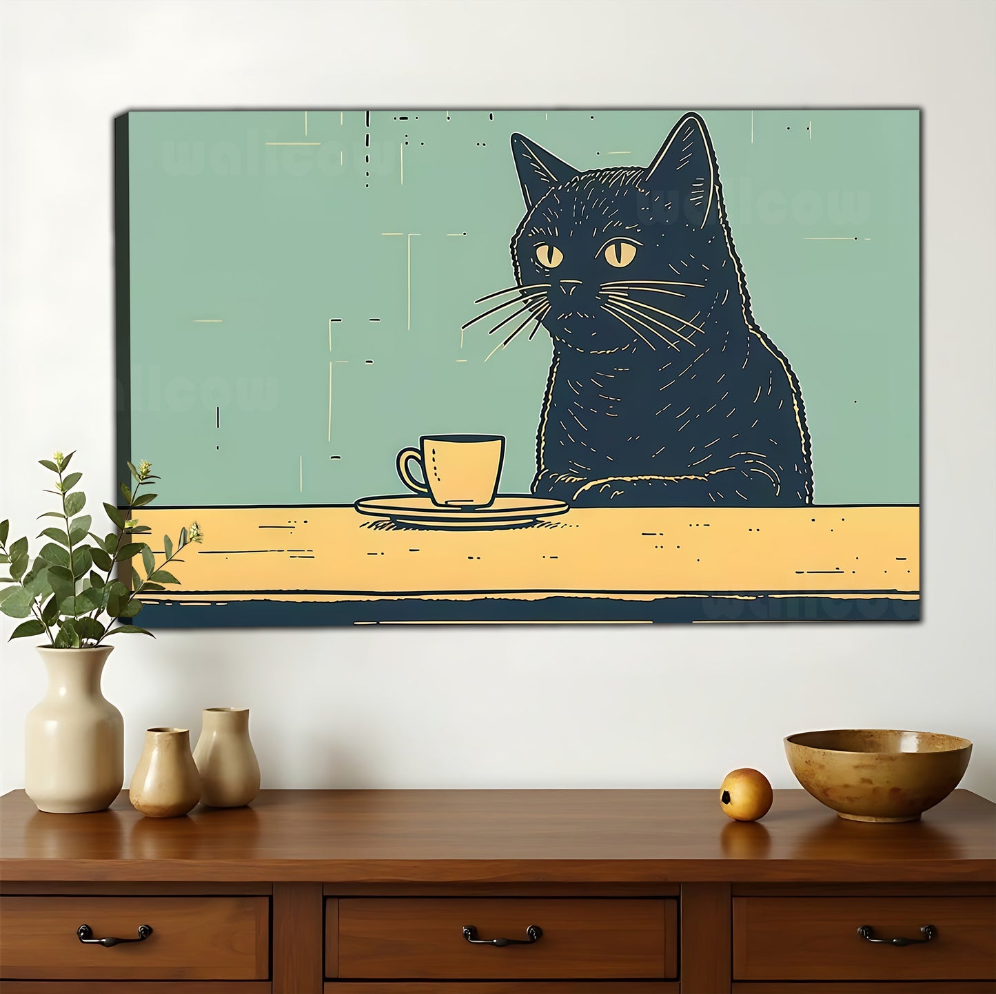 The Coffee-Sipping Minimalist Black Cat – Cozy Casual Wall Art on Natural Wood Canvas