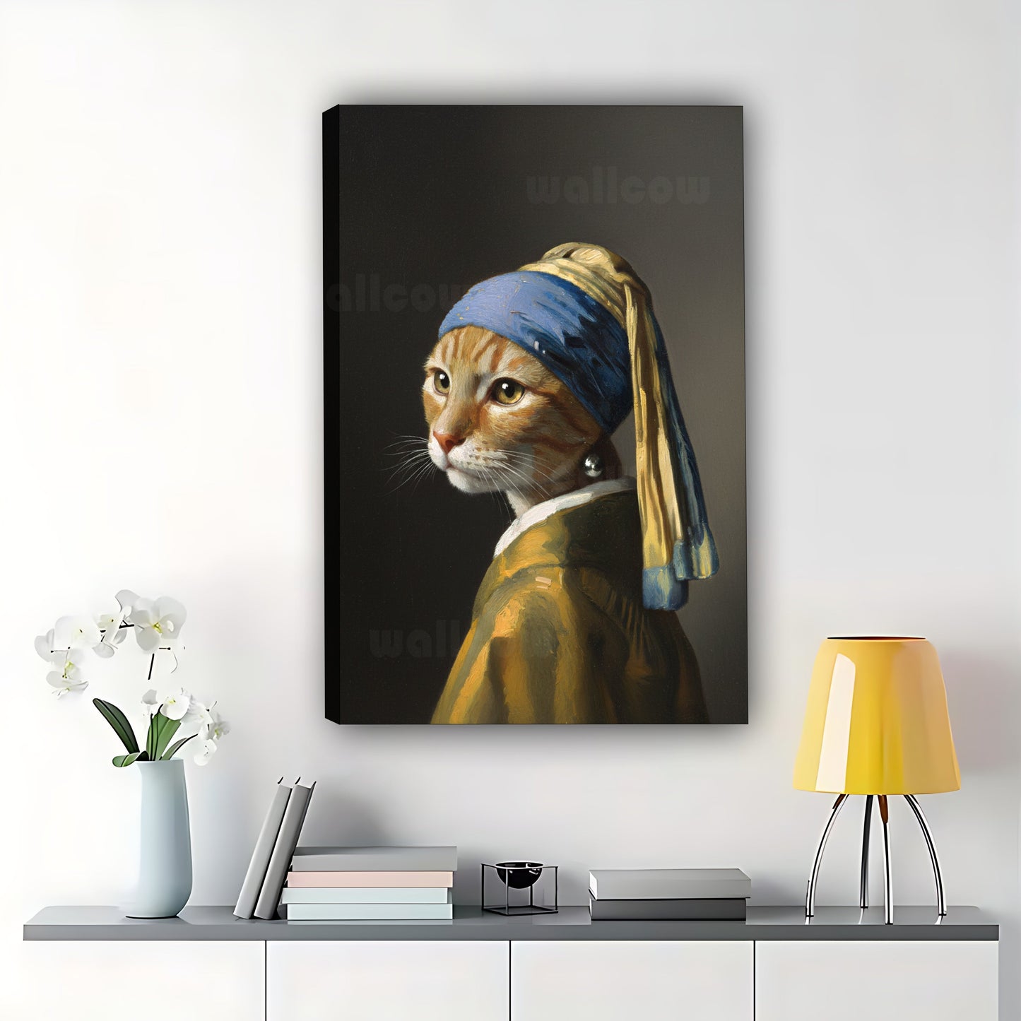 The Cat With The Pearl Earring – Classic Art Reimagined Wall Art on Natural Wood Canvas