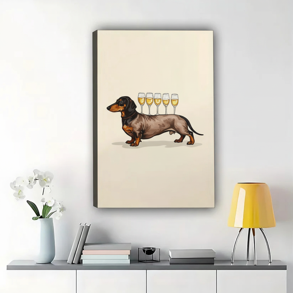 The Wine-Glass-Toting Dachshund – Playful Luxe Wall Art on Natural Wood Canvas