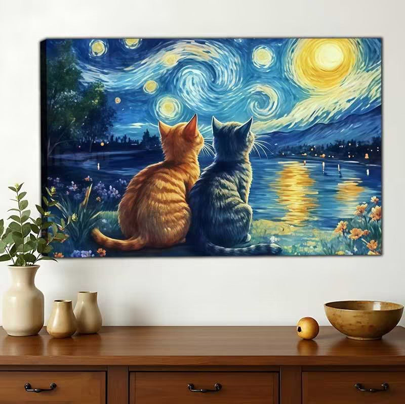 The Starry Night Duo Cats – Van Gogh-Inspired Artistic Wall Art on Natural Wood Canvas