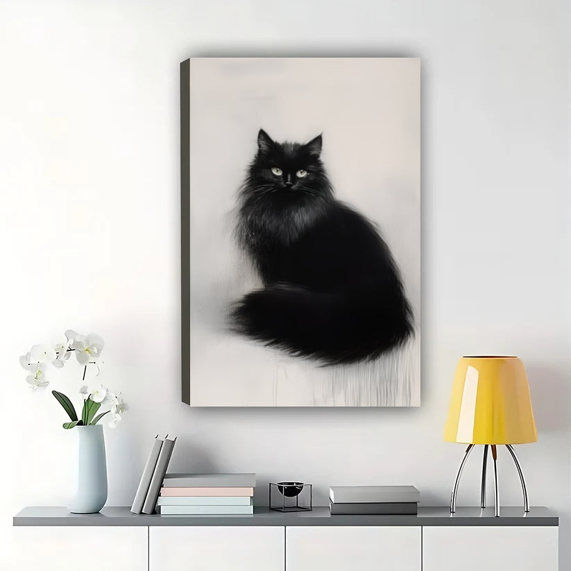 Black Cat on Wooden Table – Realistic Still Life Wall Art on Natural Wood Canvas