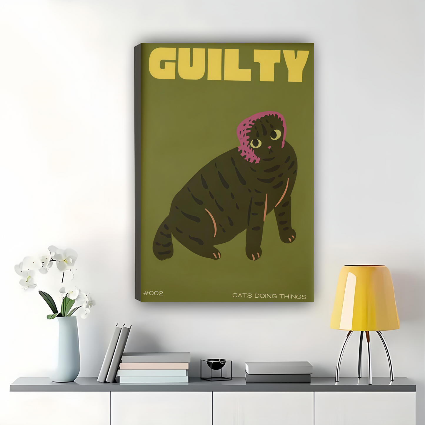 Guilty Cat – Funny Retro Pet Illustration Wall Art on Natural Wood Canvas