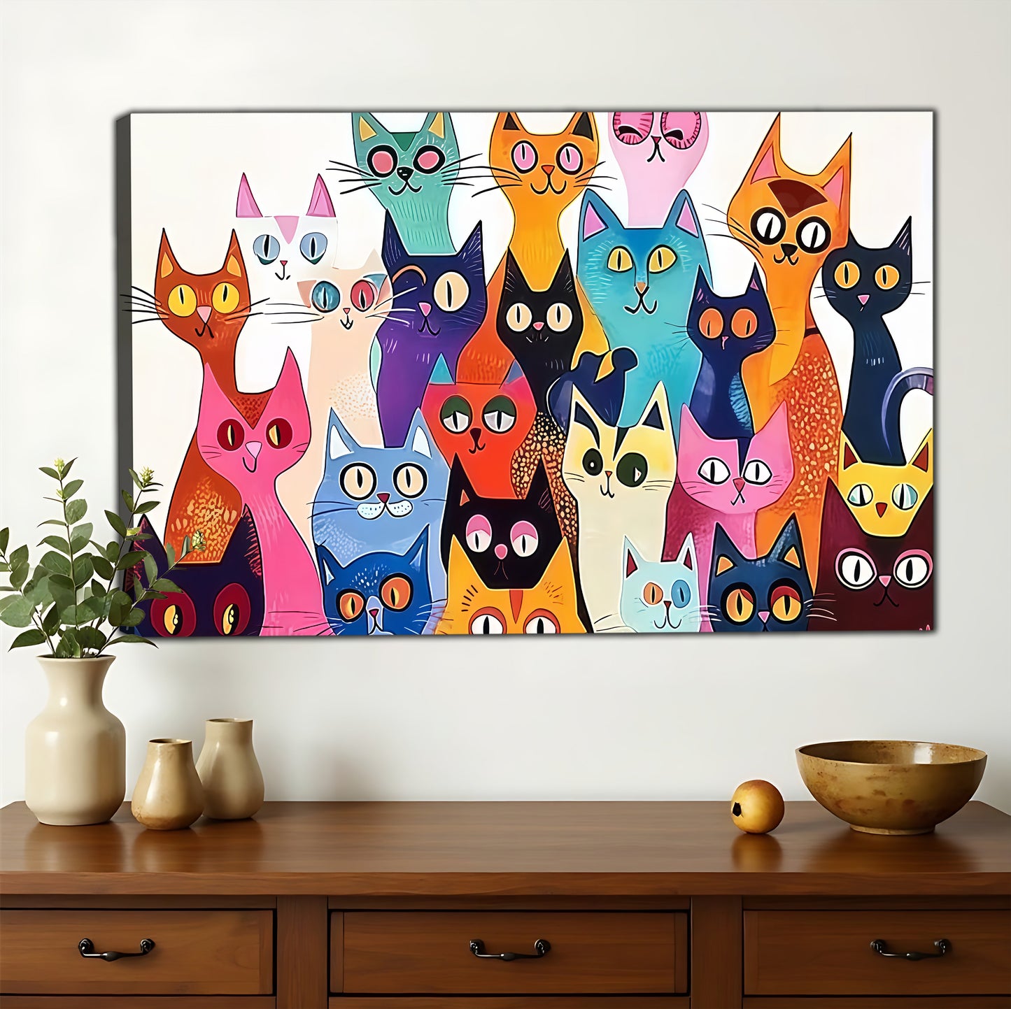 The Vibrant Stacked Cat Crew – Playful Pop Art Wall Art on Natural Wood Canvas