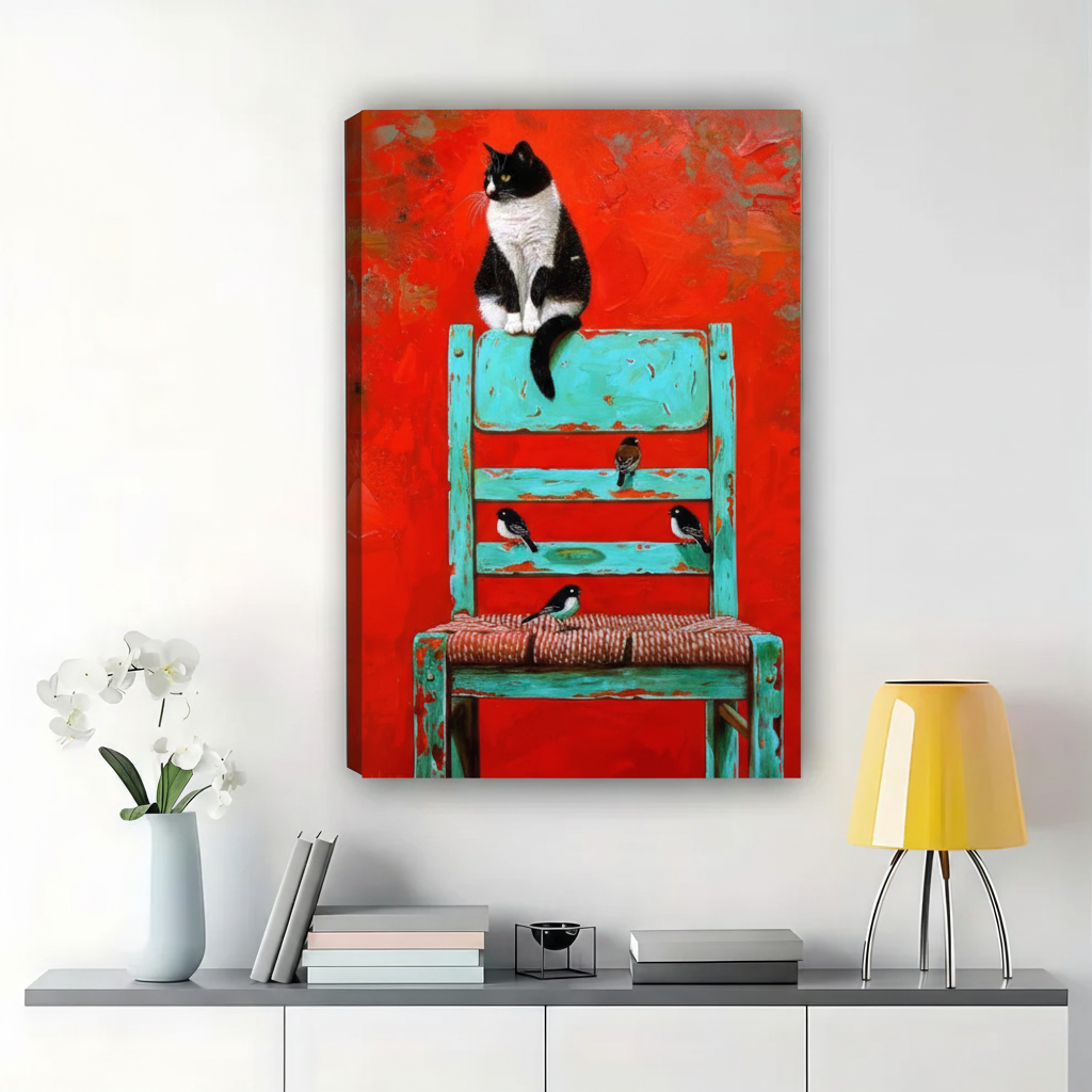 Tuxedo Cat on a Turquoise Chair Wall Art – Dramatic Oil Painting Canvas Print on Natural Wood Frame