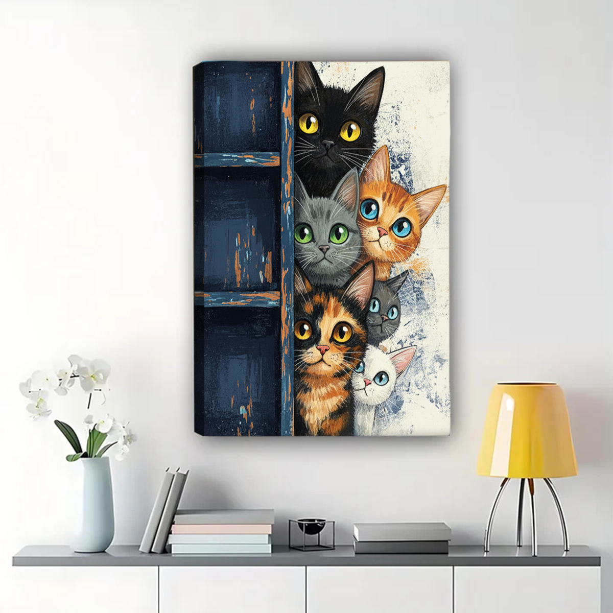 Curious Cats Peeking Canvas Print - Rustic Door Wall Art