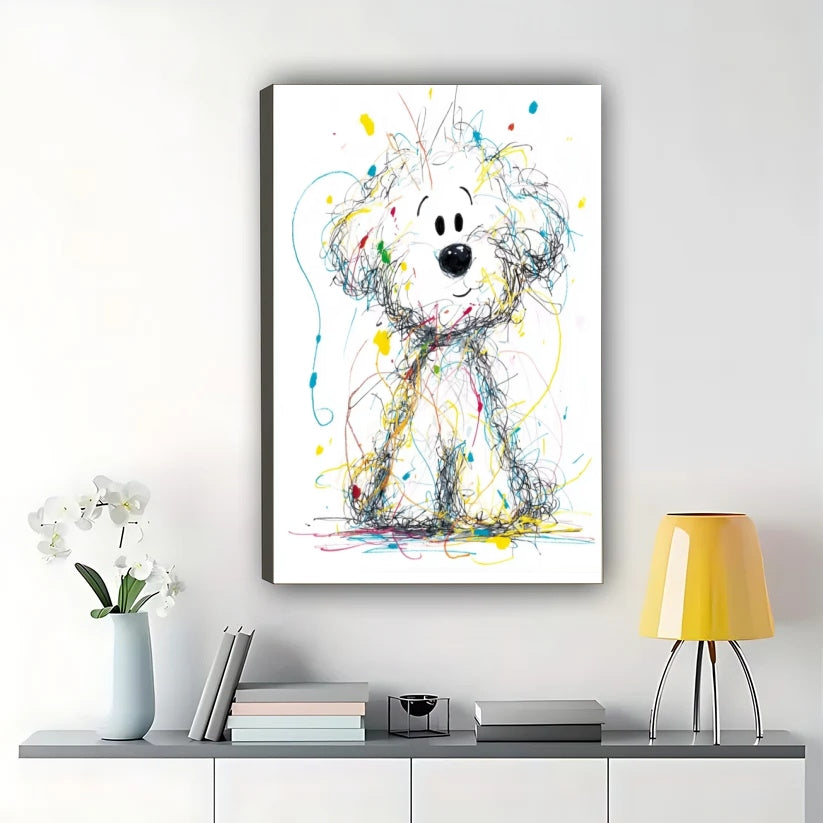 Colorful Scribble Style Curious White Dog – Playful Abstract Wall Art on Natural Wood Canvas