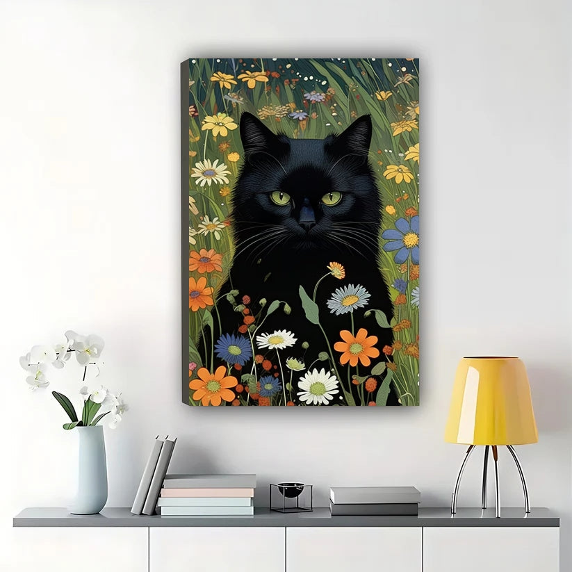 Majestic Black Cat in Wildflower Meadow – Whimsical Fantasy Wall Art on Natural Wood Canvas