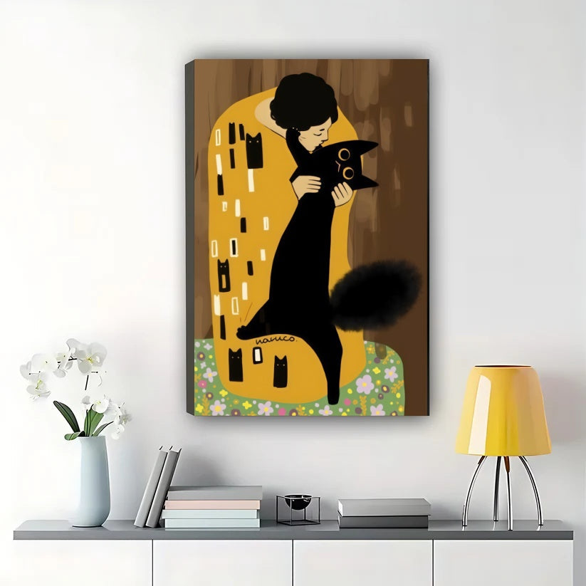 Gustav Klimt Cat – Art Nouveau Black Cat Wall Art on Natural Wood Canvas