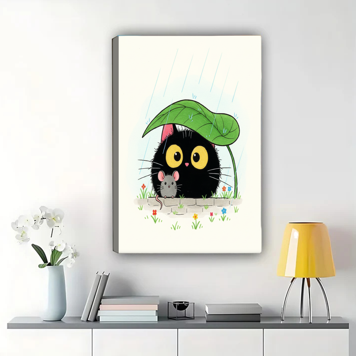 Black Cat in Rain Wall Art - Cute Cat and Mouse Friendship Print