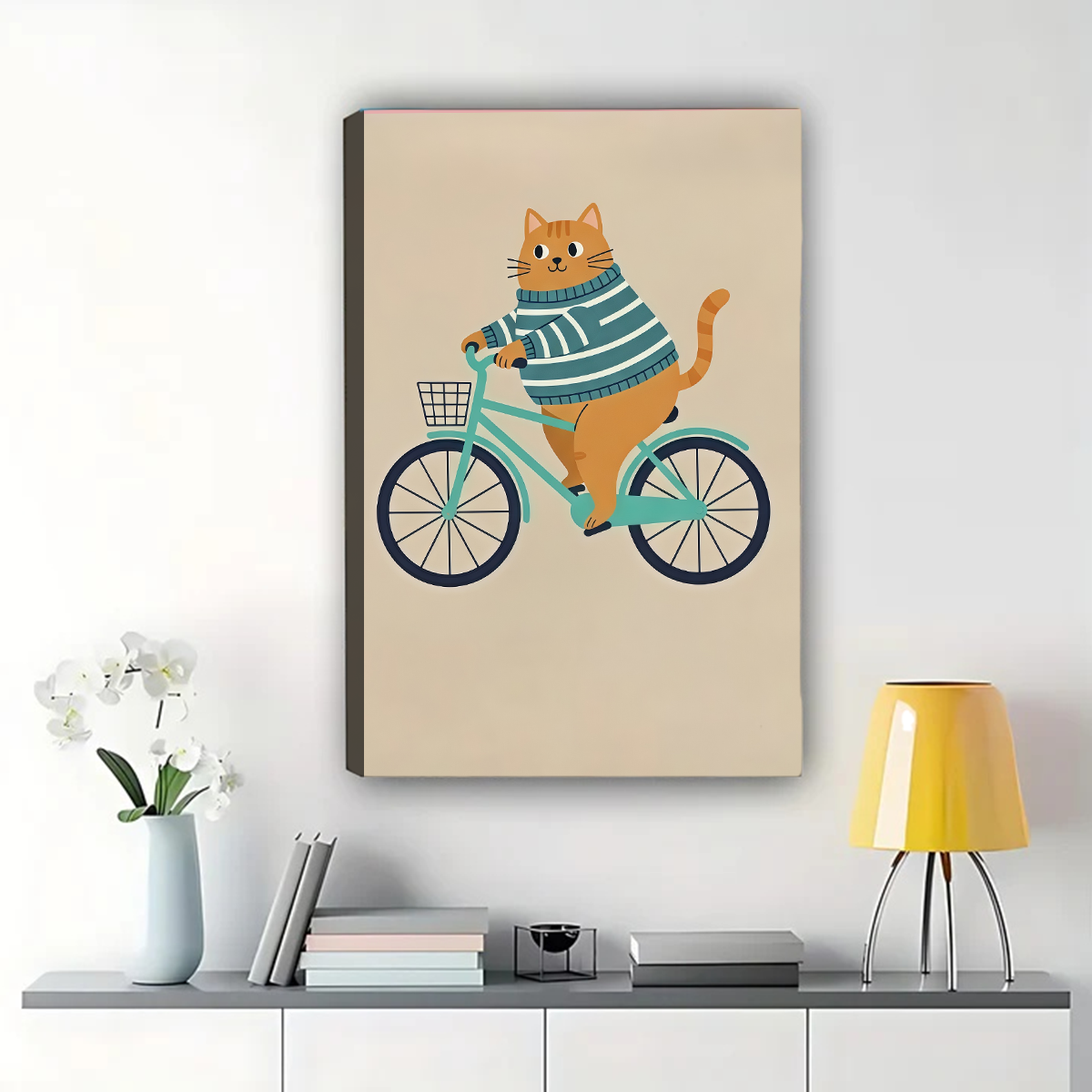 Cat Riding Bicycle Canvas Art - Whimsical Orange Tabby Print
