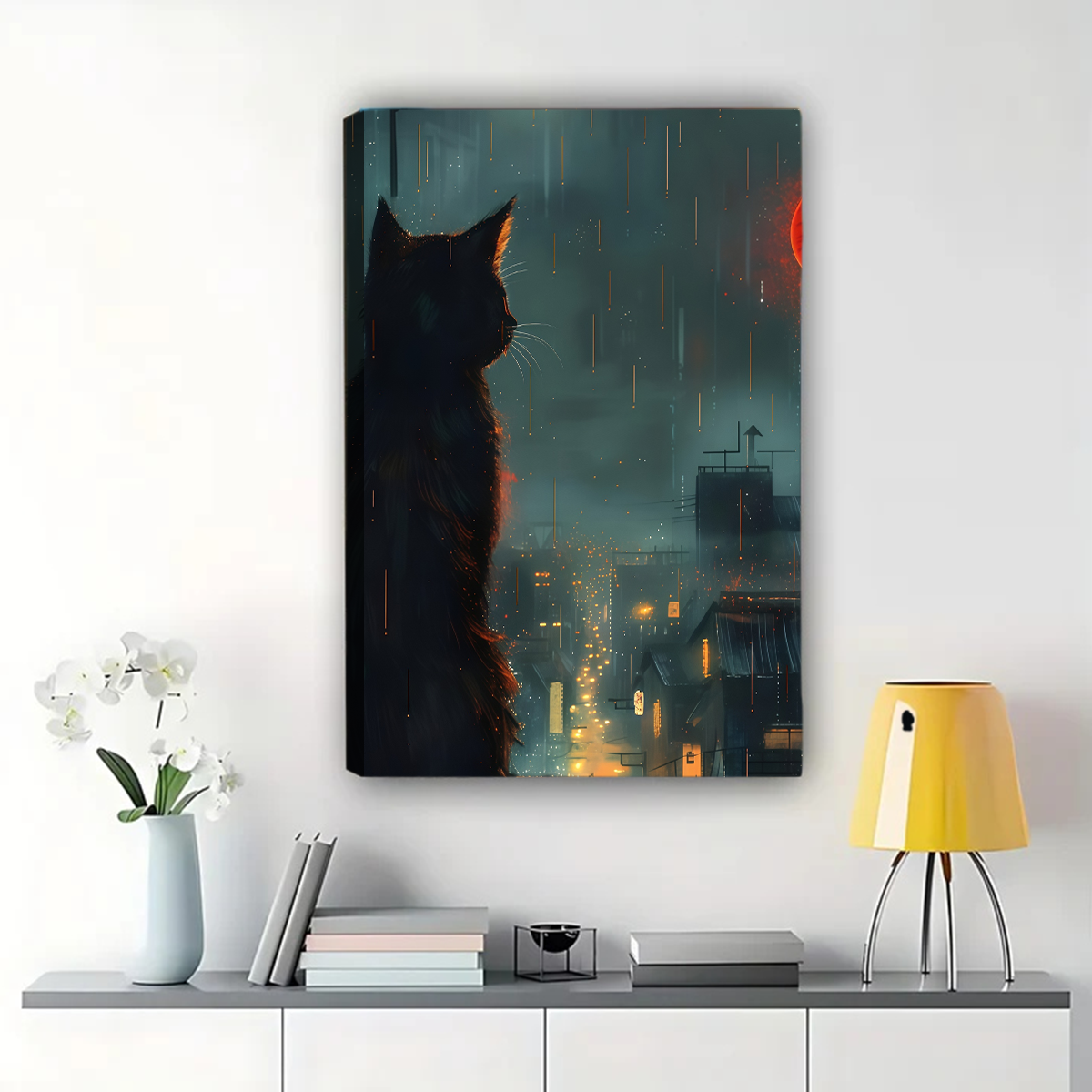 Cat Silhouette in Rainy City Night Art - Moody Urban Wall Decor Canvas Wall Art