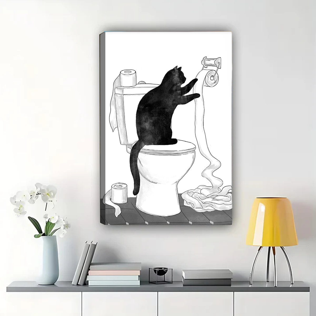 Cat Unrolling Toilet Paper Wall Art - Funny Bathroom Print