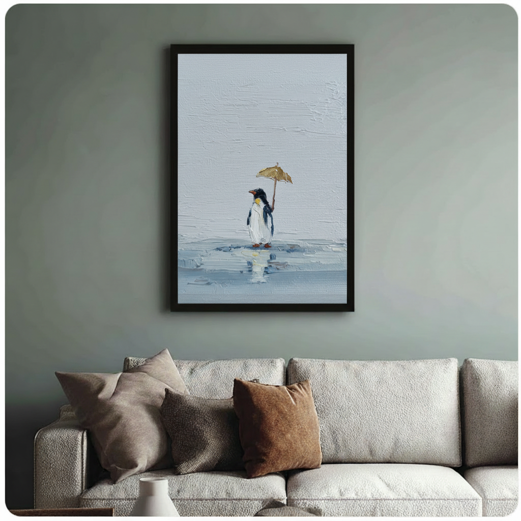Lonely Penguin Umbrella Oil Painting Canvas Wall Art