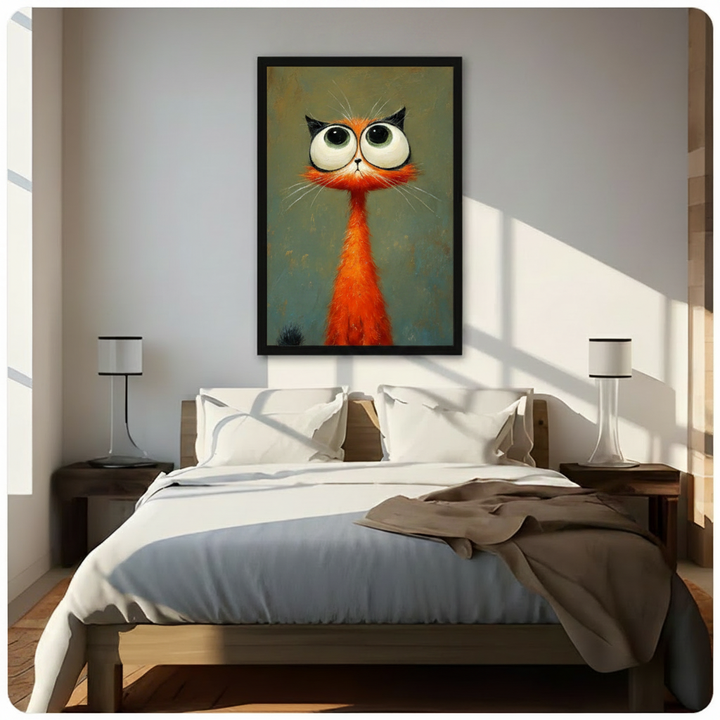 Orange Big-Eye Cat Quirky Impasto Canvas Wall Art