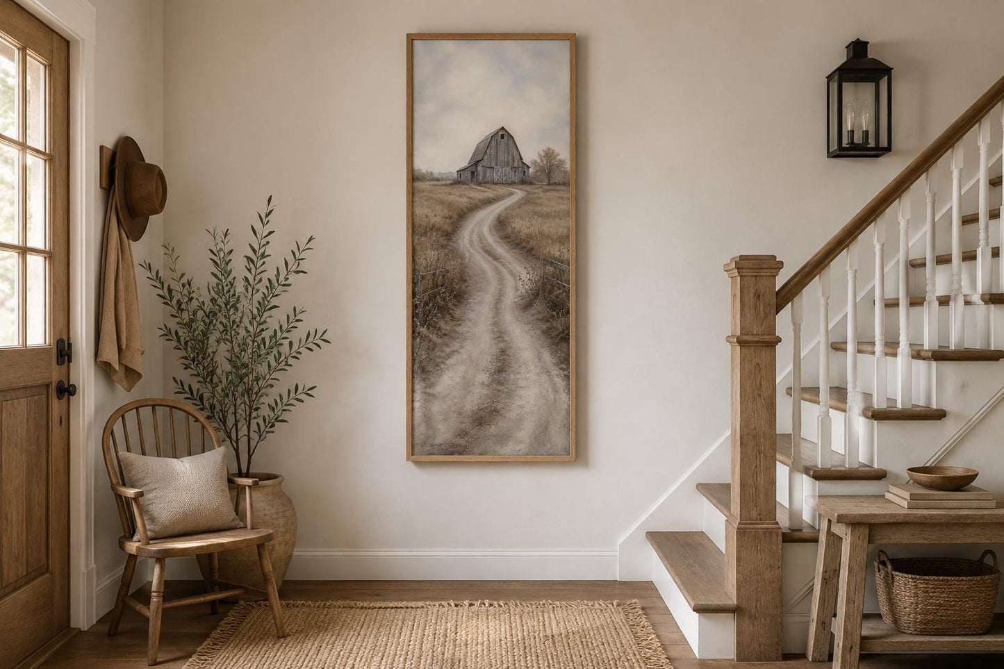 Tall Narrow Barn on a Winding Country Road Through Golden Fields, Farmhouse Wall Art