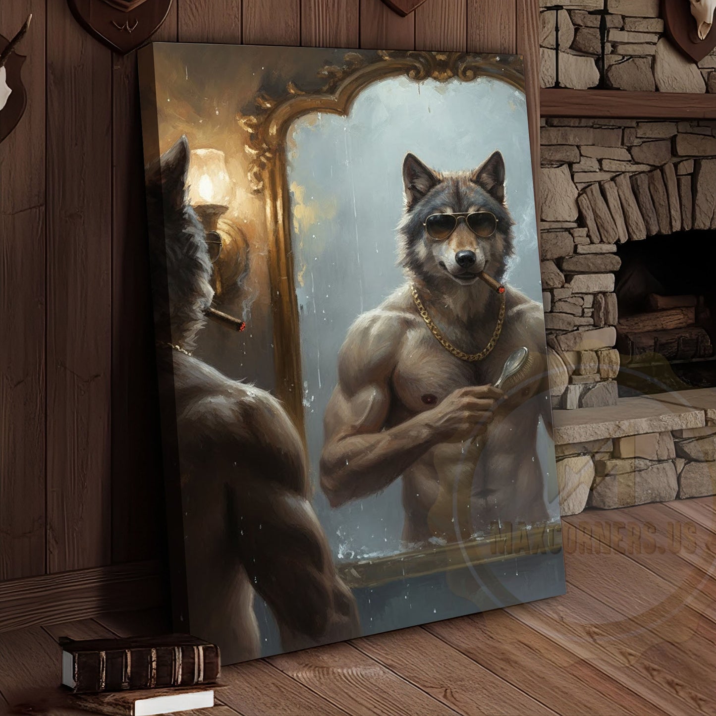 Wolf Grooming in Mirror with Gold Chain and Sunglasses Wrapped Canvas Wall Art