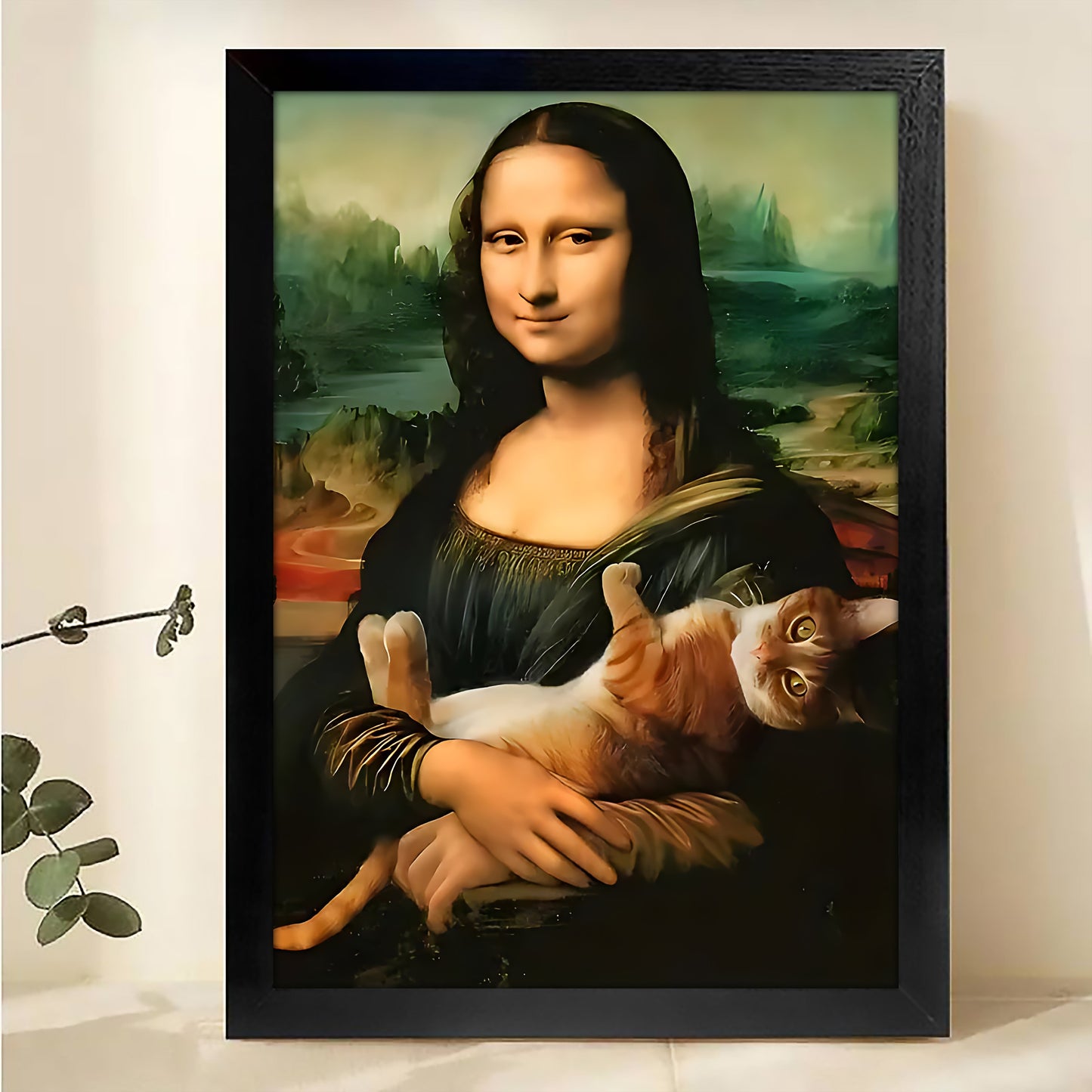 The Mona Lisa with a Cat – Classic Art Parody Portrait Wall Art on Natural Wood Canvas
