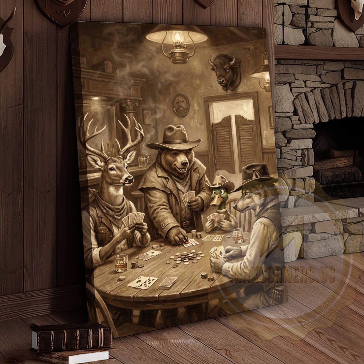 Wild West Poker Canvas Wall Art - Animals Playing Cards Saloon Print