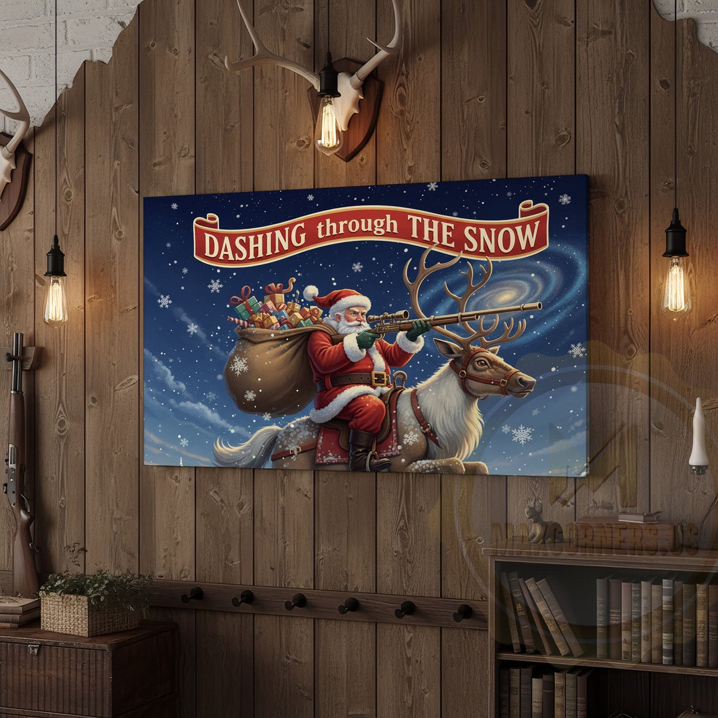 Santa Riding Reindeer Dashing Through the Snow Wrapped Canvas