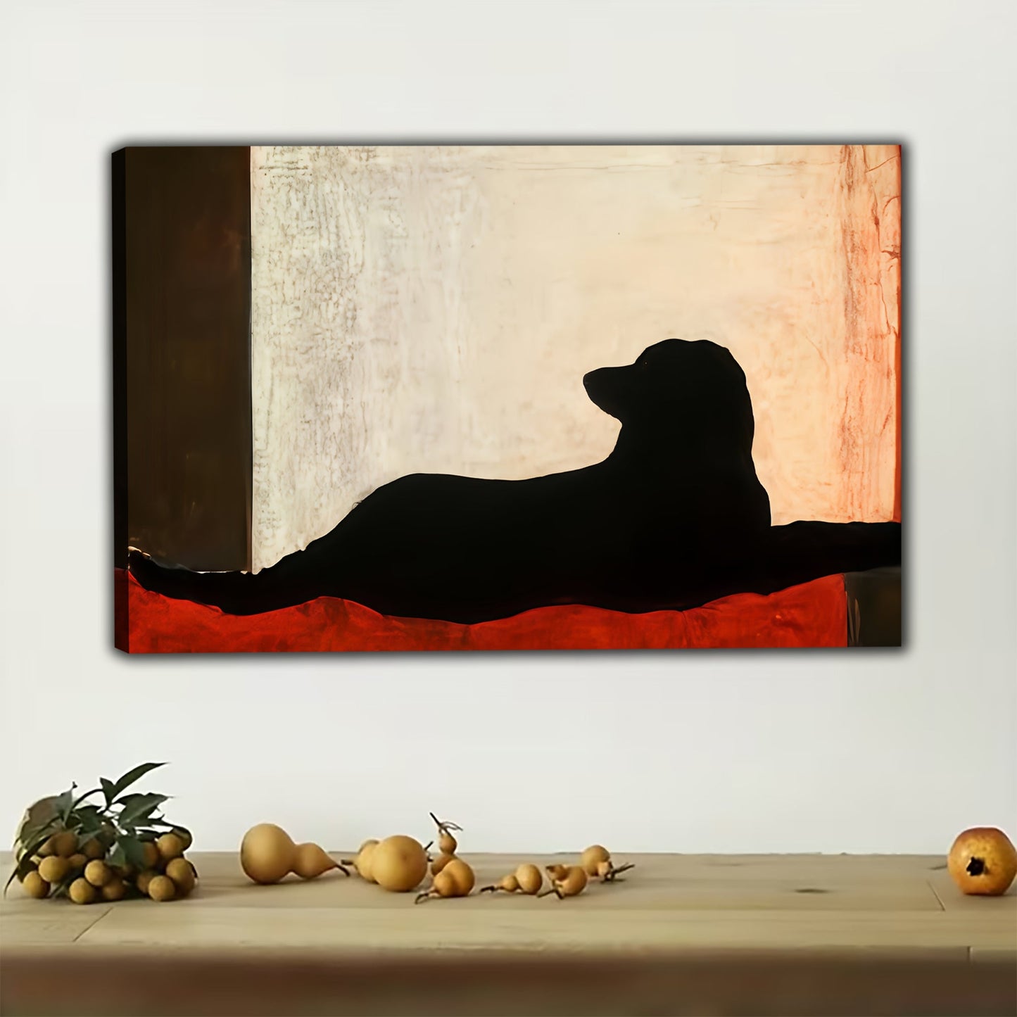 The Sleek Black Dog Silhouette – Minimalist Modern Wall Art on Natural Wood Canvas