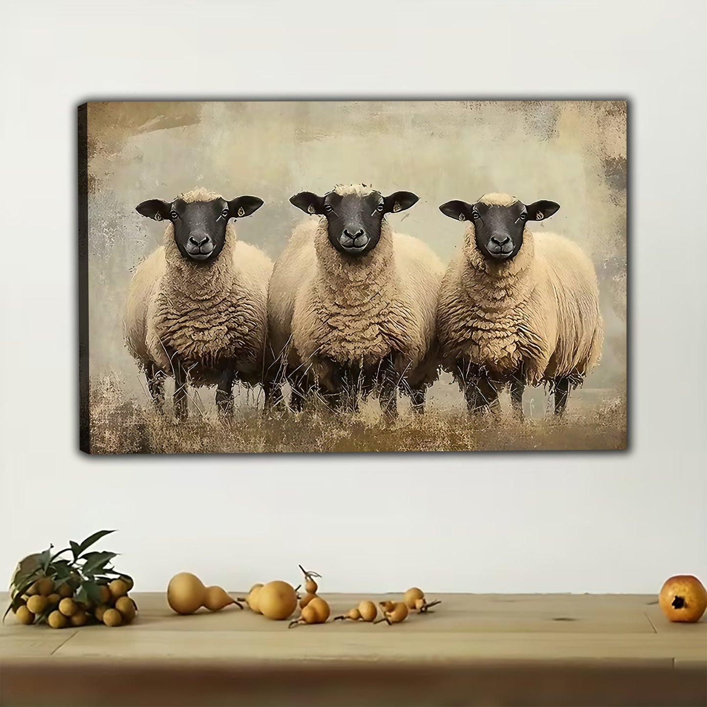 Three Flock Sheep – Countryside Farm Animal Wall Art on Natural Wood Canvas