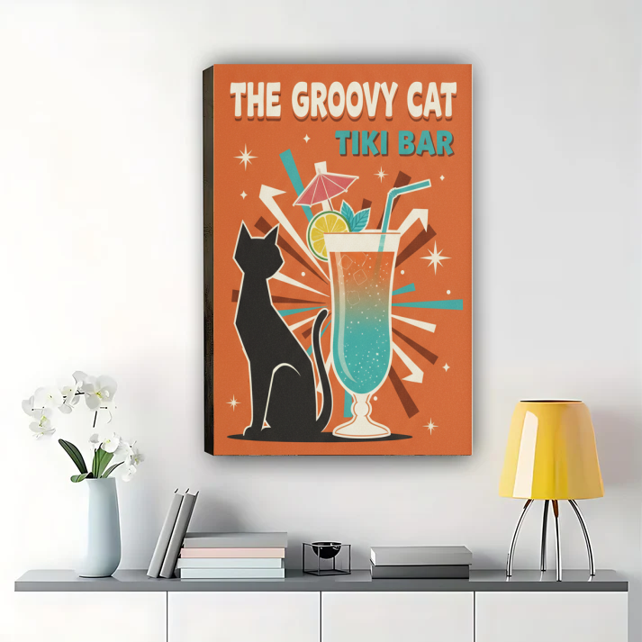 Retro Tiki Bar Cat Art - Vintage Tropical Wall Decor Print Canvas Wall Art