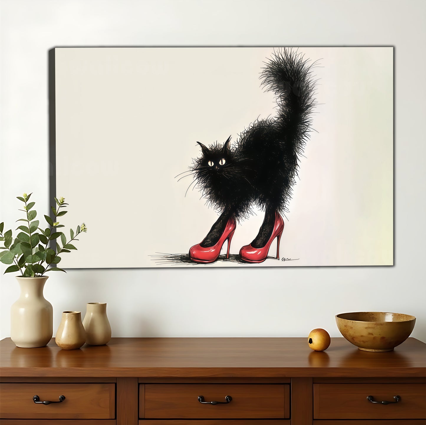 The Red-Heeled Black Cat – Retro Playful Wall Art on Natural Wood Canvas