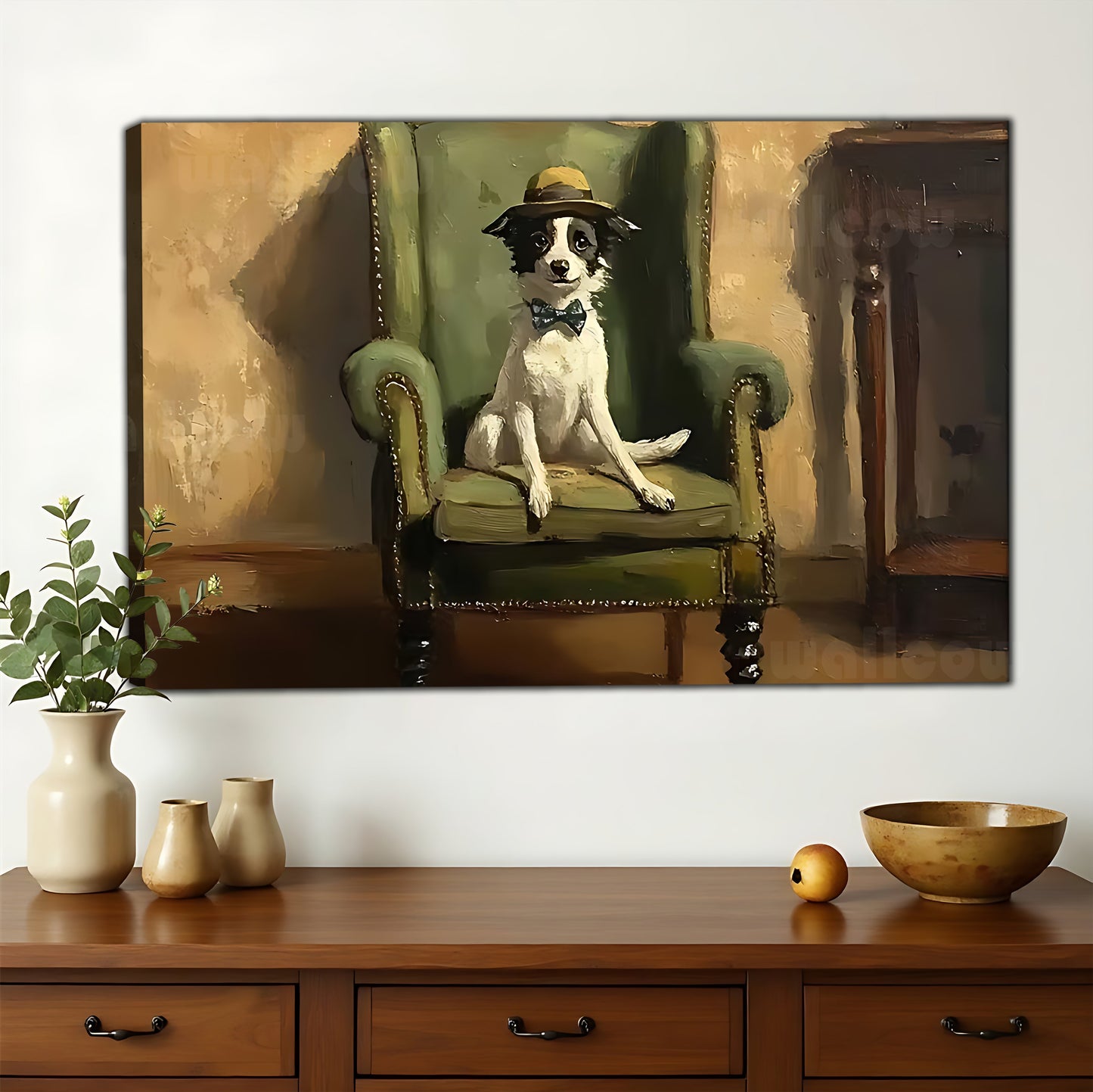 The Gentleman Pup on Green Chair – Vintage Elegant Wall Art on Natural Wood Canvas