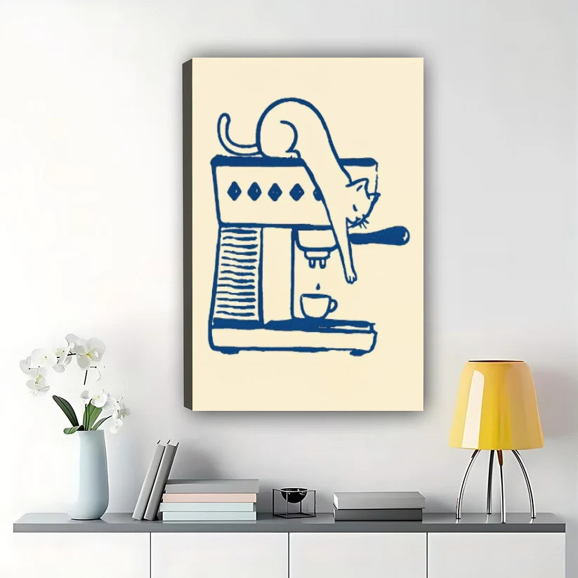 Cat on Espresso Machine – Minimalist Coffee Cat Line Art Wall Art on Natural Wood Canvas