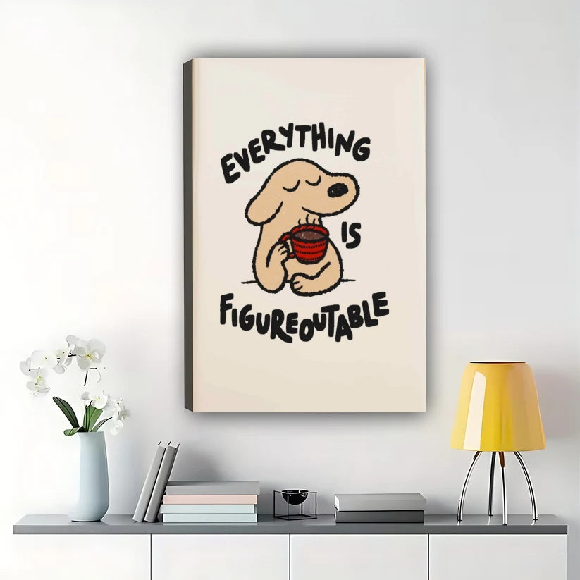 Everything is Figureoutable Cozy Dog – Uplifting Retro Wall Art on Natural Wood Canvas