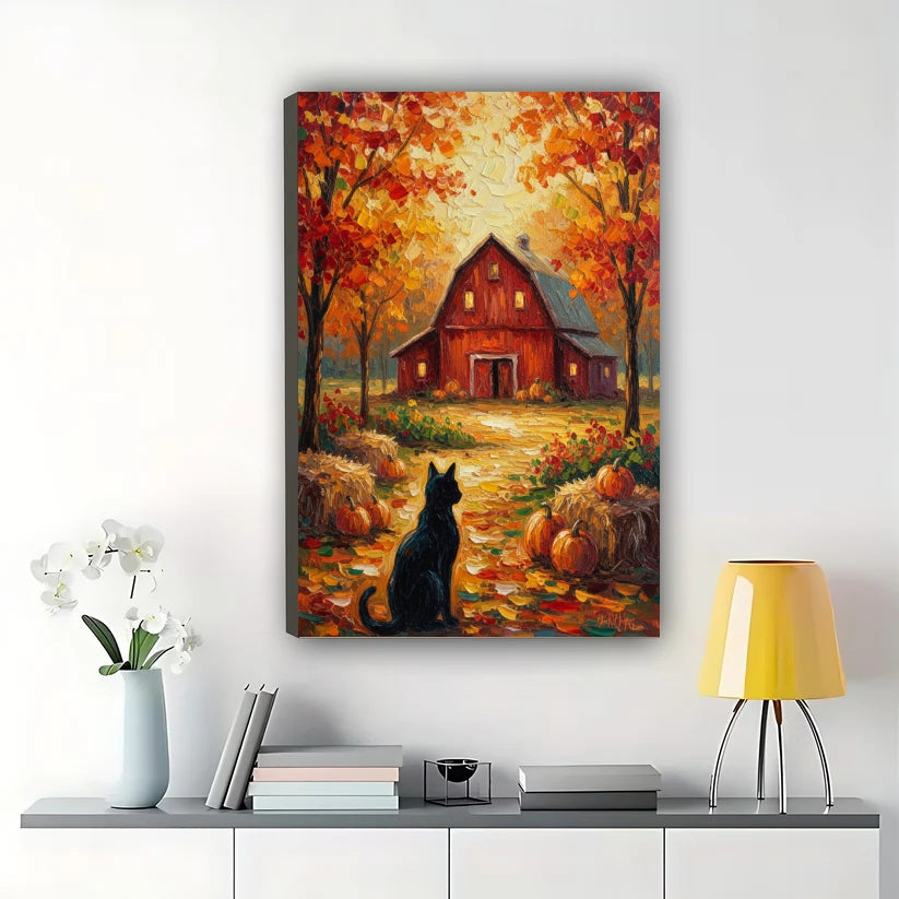 The Autumn Barn Black Cat – Warm Rustic Wall Art on Natural Wood Canvas