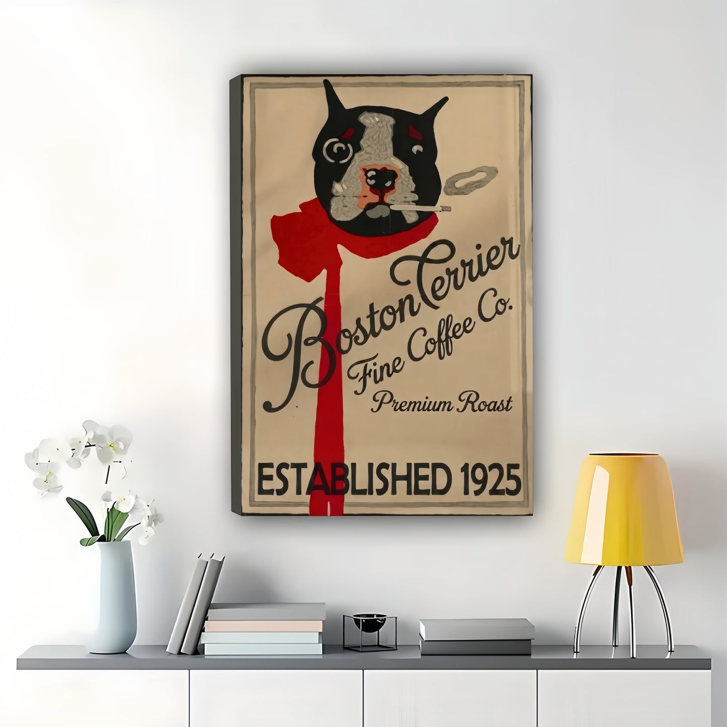 Vintage Boston Terrier Coffee Co Wall Art – Retro Dog Coffee Advertisement Framed Print