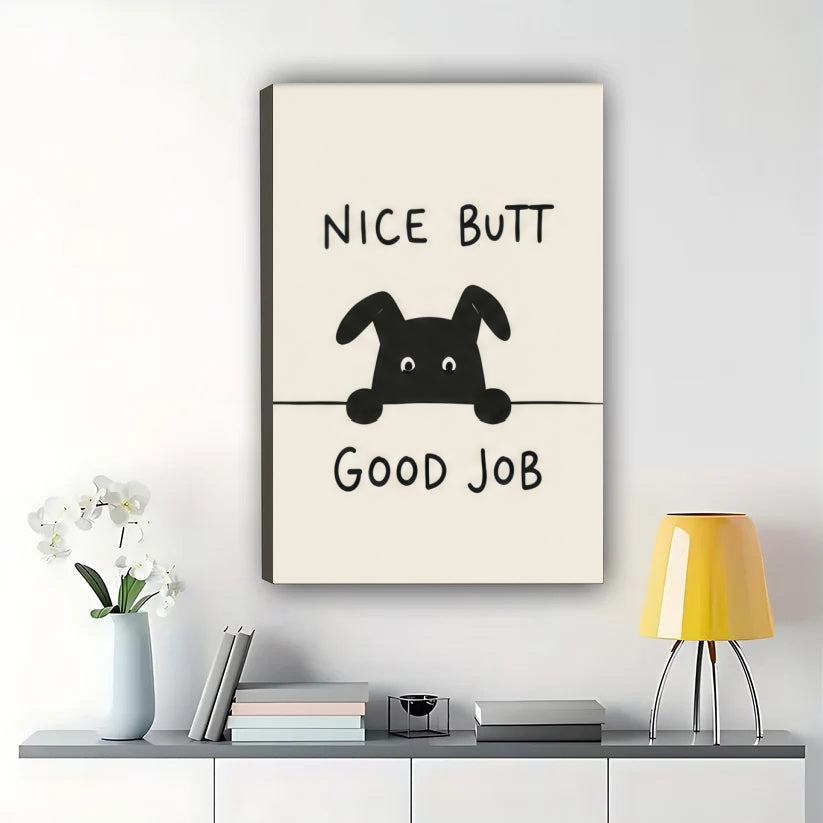 Funny Dog Bathroom Sign Wall Art – "Nice Butt Good Job" Dog Canvas Print on Black Wood Frame