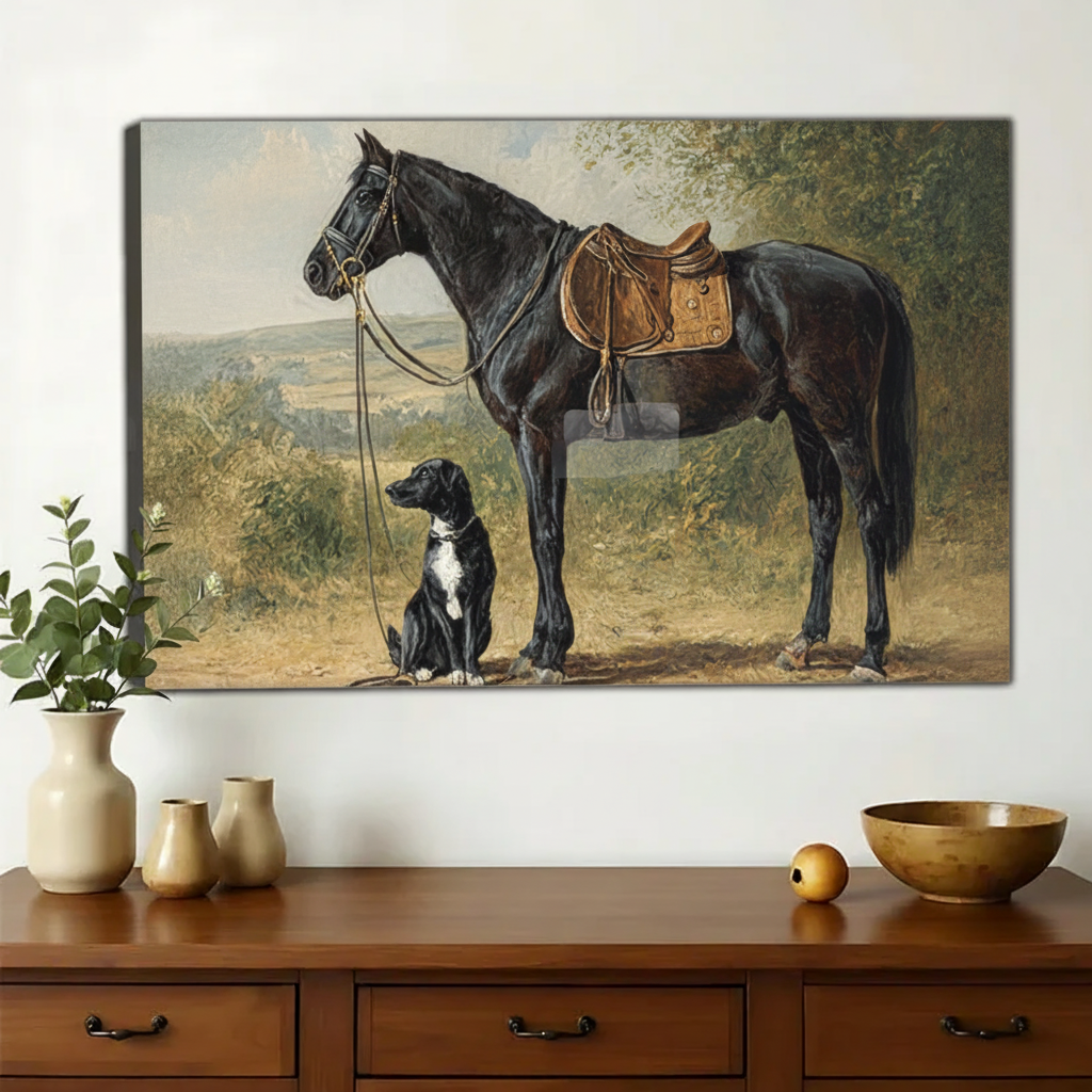 Black Horse with Puppy in Pasture – Heartwarming Countryside Wall Art on Natural Wood Canvas