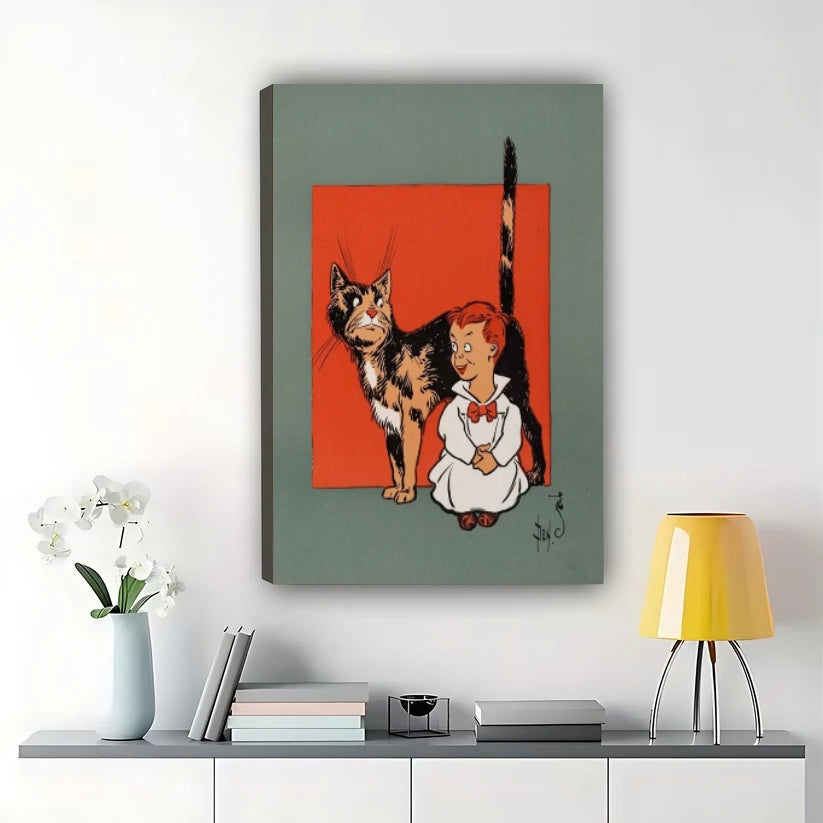 Boy with Tall Cat Wall Art – Retro Cartoon Pet Canvas Print on Natural Wood Frame