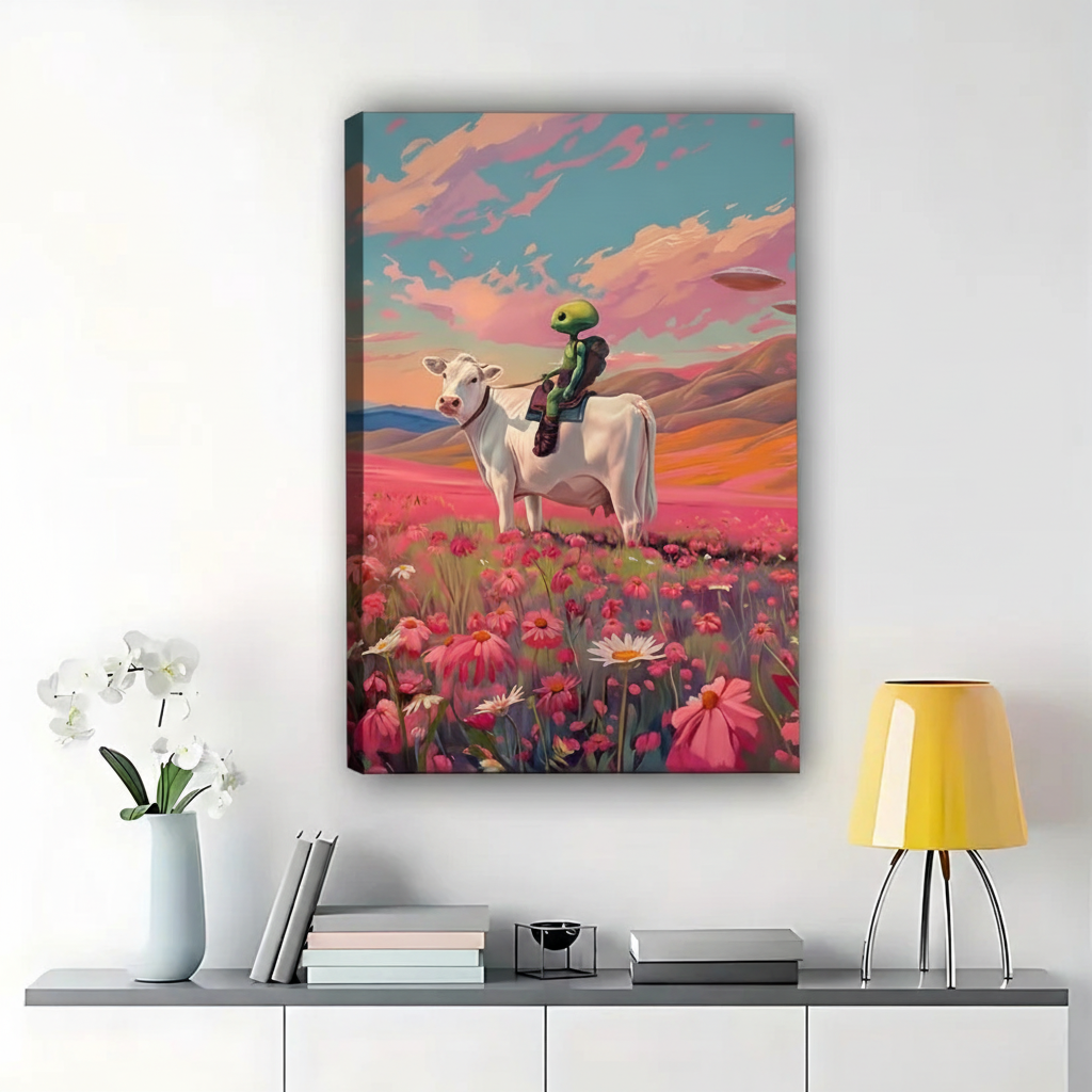 The Flower Field Rider – Whimsical Pastoral Wall Art on Natural Wood Canvas