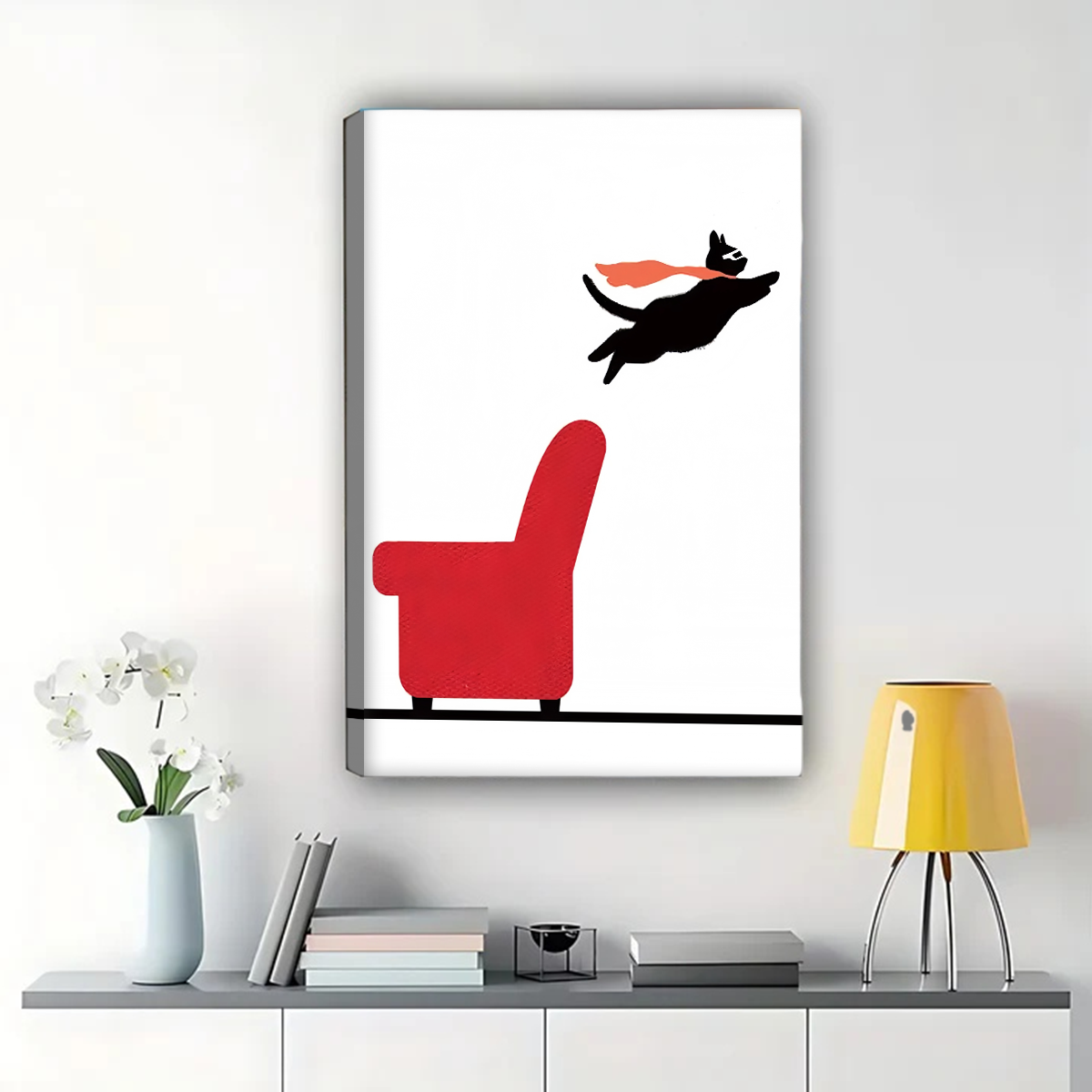 Flying Cat Superhero - Minimalist Black Cat Canvas Wall Art