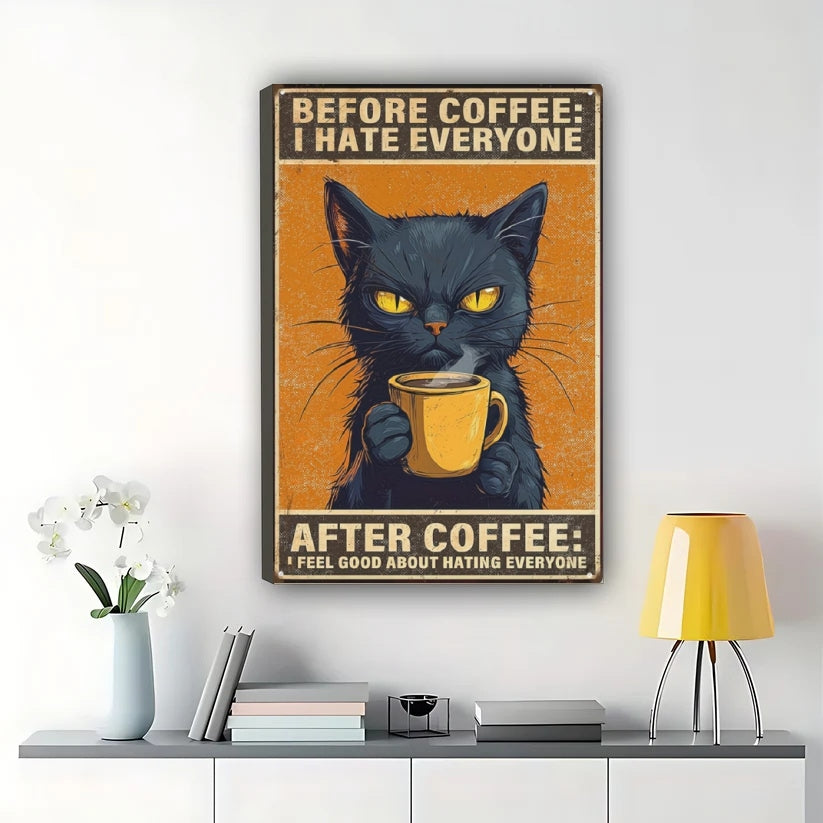 Before/After Coffee Sassy Black Cat – Wall Art on Natural Wood Canvas
