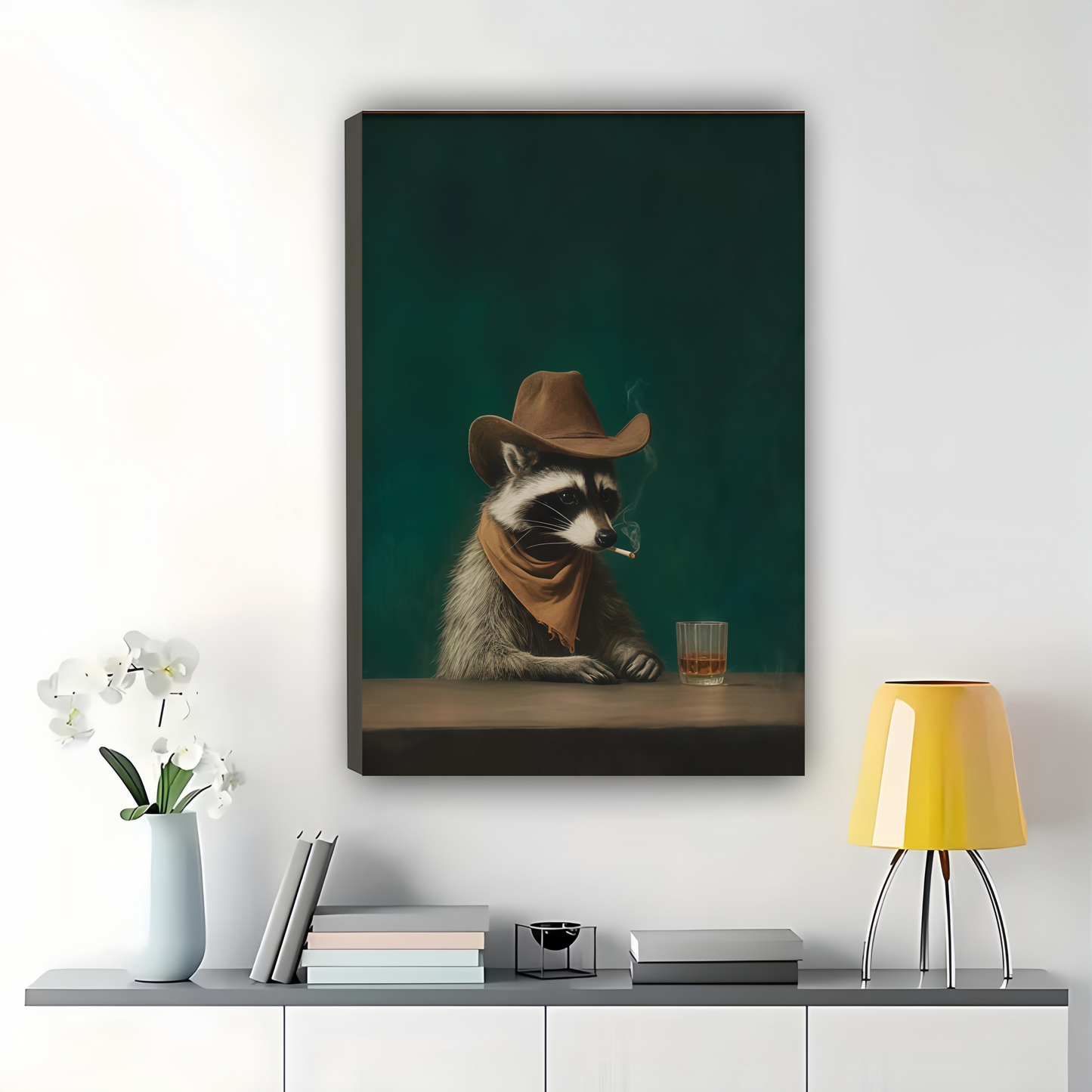 Bar Raccoon – Vintage Western Dapper Animal Wall Art on Natural Wood Canvas