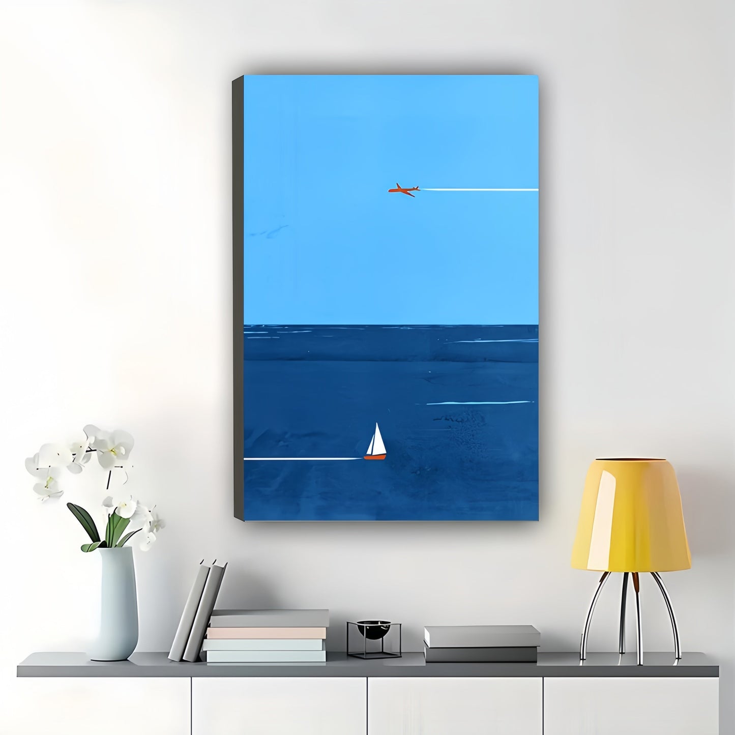 Minimalist Ocean, Sailboat Airplane – Calm Coastal Wall Art on Natural Wood Canvas